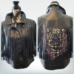 G by Giuliana Faux Leather Graphic Fringe Jacket Black Label Black Size …